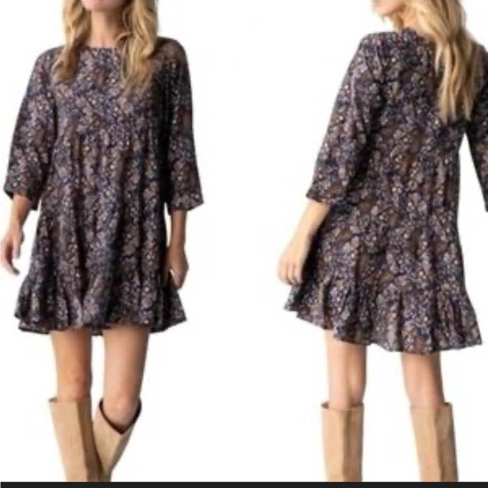 Natural Life Dark Paisley Tired Mini Babydoll Dress Size Small Boho